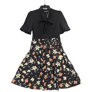 Black Floral Vintage-Inspired Dress With Tie Neck & Flared Skirt - Size M By Ran